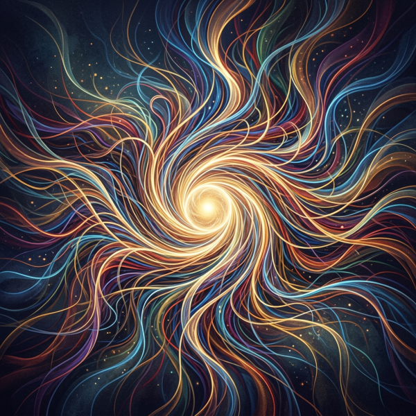 Swirling multicolored light strands emanating from a glowing central core against dark background